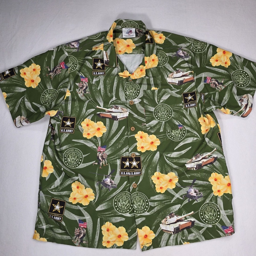 American Excellence Sport US Army Hawaiian Shirt 2XL USA Floral Military Tanks